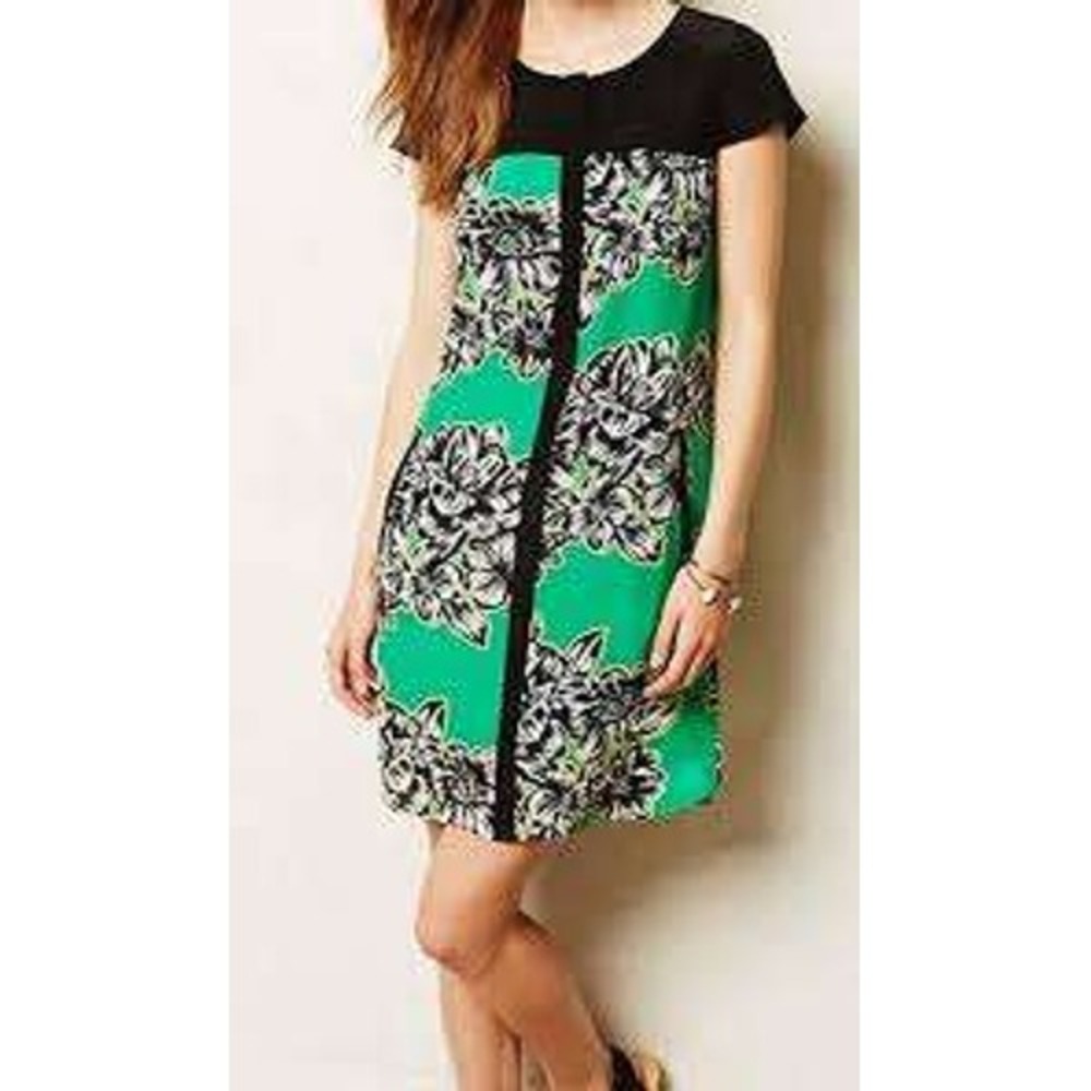 Maeve Anthropologie Green Floral Silk Shift Dress Black Yoke Pockets Size 4 NWOT - Picture 1 of 11